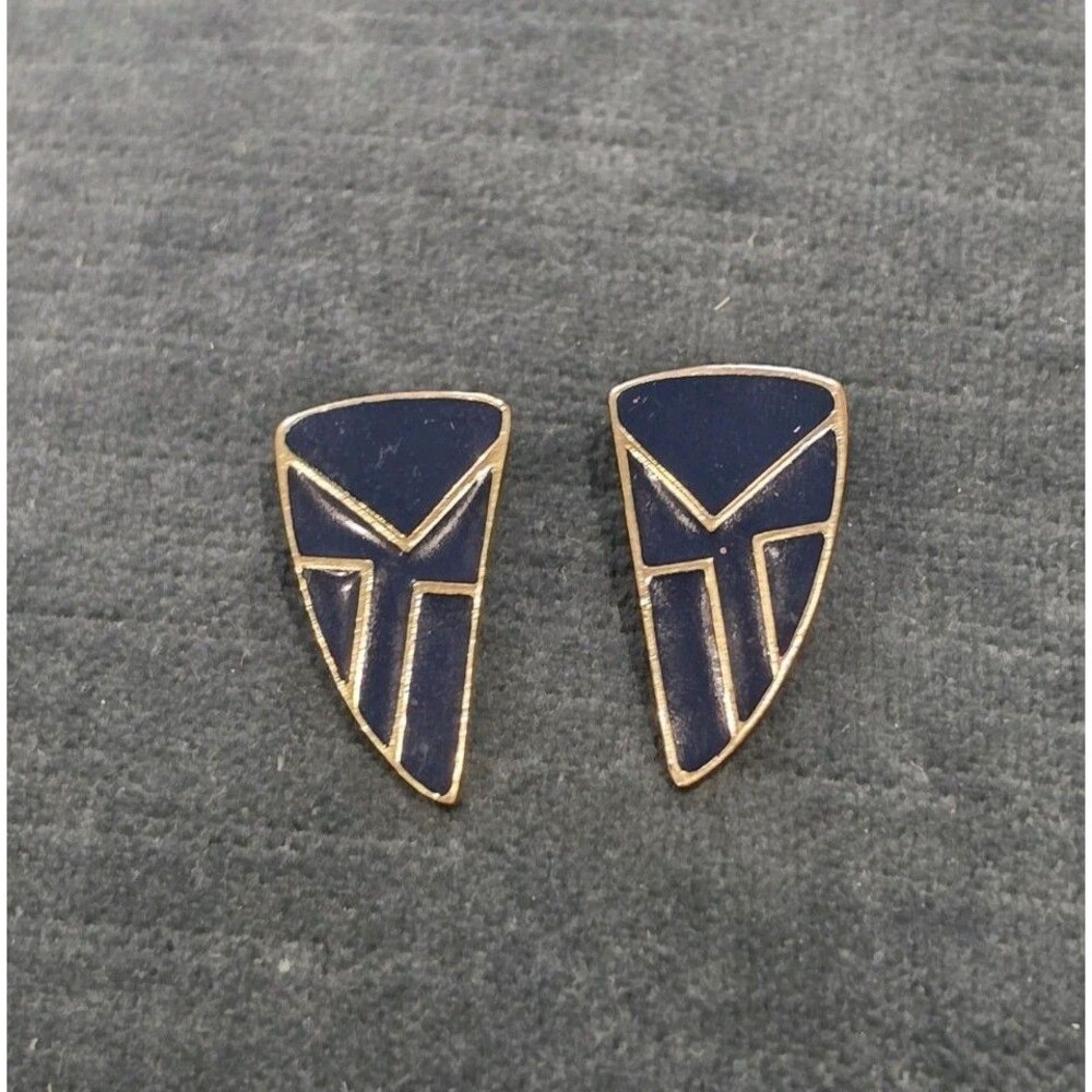 Unique CRAFT Signed 70's Black Enamel  Golden Metal Earrings About 1.5" Hight